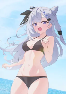 1girl bikini black_bikini blue_eyes breasts cone_hair_bun grey_hair hair_bun halterneck long_hair medium_breasts navel ocean outdoors swimsuit virtual_youtuber ogossi hololive hololive_indonesia vestia_zeta__hololive