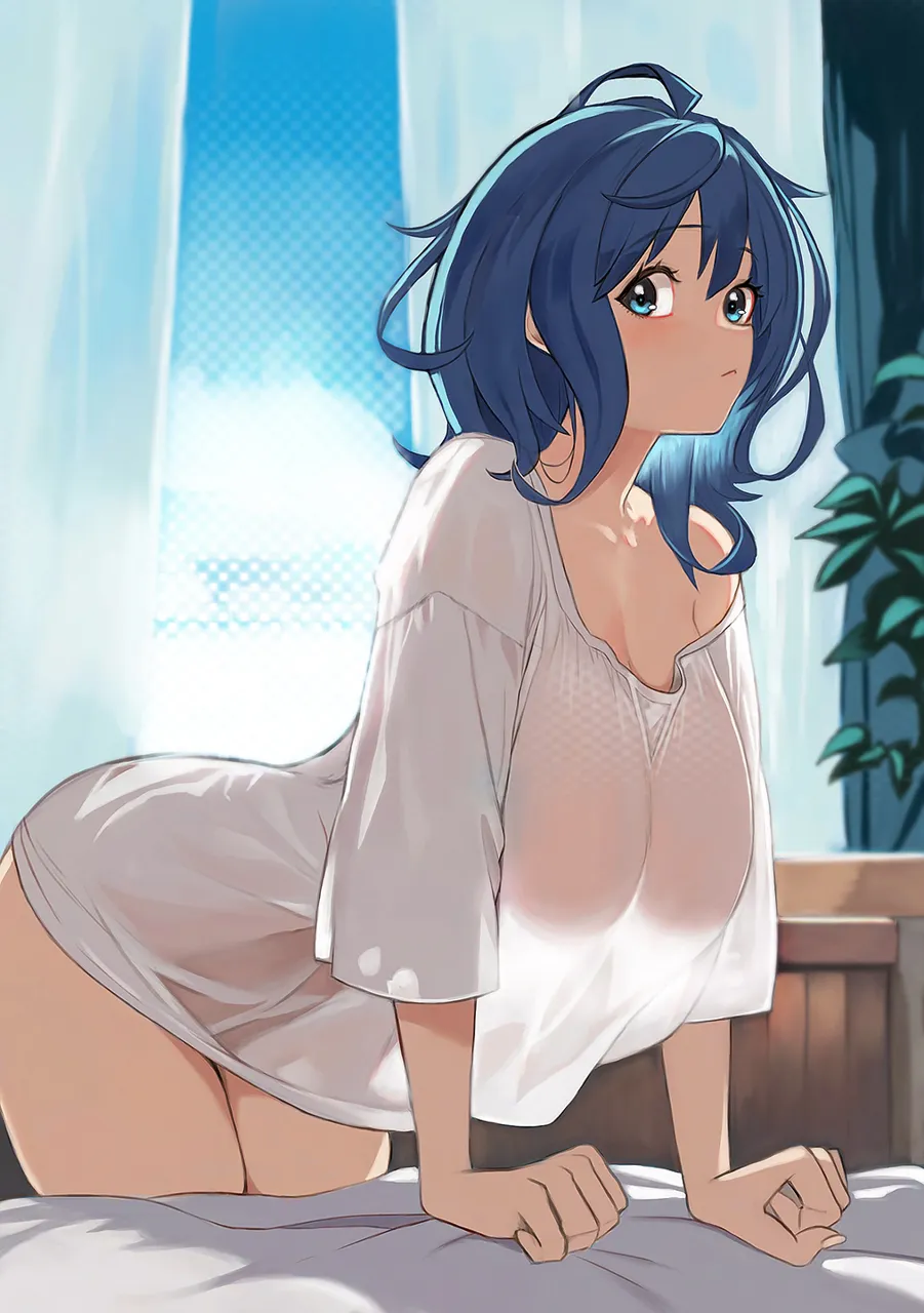 1girl bed_sheet bent_over blue_eyes blue_hair breasts cleavage closed_mouth curtains death_is_13 halftone hanging_breasts indoors large_breasts looking_at_viewer make_heroine_ga_oo_sugiru medium_hair see_through_clothes see_through_shirt see_through_silhouette shirt single_off_shoulder solo t_shirt white_shirt window yanami_anna