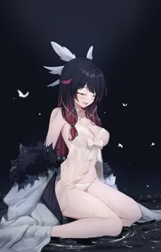 1girl babydoll bare_legs bare_shoulders black_background black_hair blush bow breasts bug butterfly choker cleavage closed_eyes coat eye_mask fatui_coat fur_trimmed_coat fur_trim gradient_hair head_wings large_breasts lingerie long_hair multicolored_hair navel negligee off_shoulder open_mouth panties red_hair ripples see_through_clothes sitting sitting_on_water smile solo stomach streaked_hair string_panties thighs two_tone_hair underwear wariza water white_bow white_choker white_coat white_mask white_panties wings feint721 genshin_impact columbina__genshin_impact