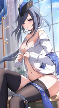 1girl bare_shoulders black_eyes black_hair black_thighhighs blush breasts cleavage clorinde__genshin_impact genshin_impact long_bangs long_hair long_sleeves looking_at_viewer medium_breasts navel purple_headwear shirt sitting solo thighhighs thighs white_shirt yeni1871