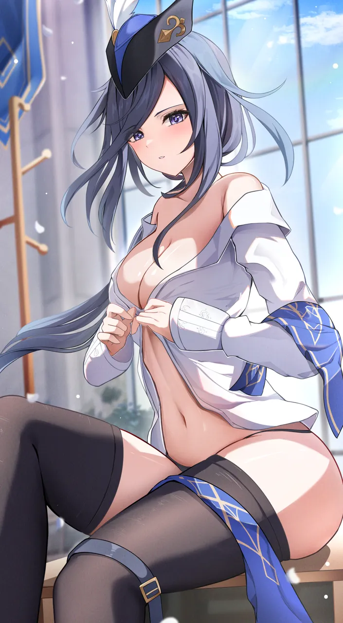 1girl bare_shoulders black_eyes black_hair black_thighhighs blush breasts cleavage clorinde__genshin_impact genshin_impact long_bangs long_hair long_sleeves looking_at_viewer medium_breasts navel purple_headwear shirt sitting solo thighhighs thighs white_shirt yeni1871