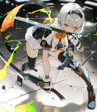 1girl armored_boots black_hairband black_thighhighs boots breasts dress fingerless_gloves gloves grey_hair hairband holding holding_weapon looking_at_viewer mouth_hold orange_eyes short_hair short_sleeves solo thighhighs weapon white_dress white_gloves scottie__phantom2 zenless_zone_zero anby_demara