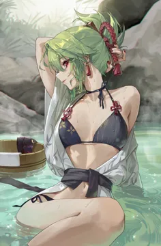 1girl arm_behind_head arm_support bath_yukata bikini bikini_under_clothes black_bikini breasts bucket earrings flower_knot genshin_impact glint green_hair hair_between_eyes hair_in_own_mouth japanese_clothes jewelry kimono kuki_shinobu long_hair looking_at_viewer loose_hair_strand mask mouth_mask nail_polish navel ninja_mask off_shoulder onsen parted_lips partially_submerged ponytail profile purple_eyes red_nails rhtkd ripples rock rope sash shimenawa short_kimono short_ponytail short_yukata side_tie_bikini_bottom single_bare_shoulder sitting slit_pupils small_breasts solo swimsuit tassel tassel_earrings turning_head unworn_mask wash_cloth wet wide_sleeves wooden_bucket yukata