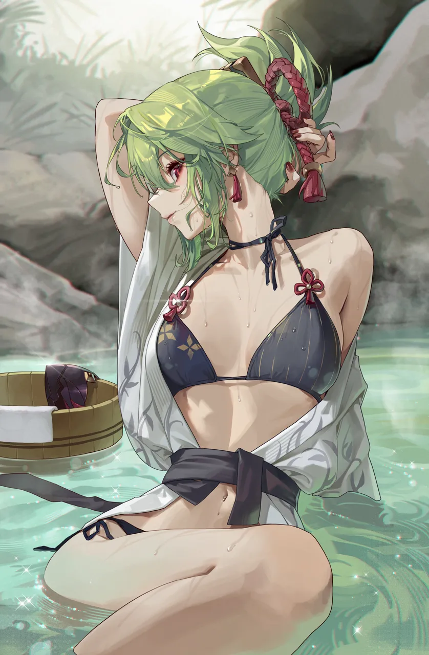 1girl arm_behind_head arm_support bath_yukata bikini bikini_under_clothes black_bikini breasts bucket earrings flower_knot genshin_impact glint green_hair hair_between_eyes hair_in_own_mouth japanese_clothes jewelry kimono kuki_shinobu long_hair looking_at_viewer loose_hair_strand mask mouth_mask nail_polish navel ninja_mask off_shoulder onsen parted_lips partially_submerged ponytail profile purple_eyes red_nails rhtkd ripples rock rope sash shimenawa short_kimono short_ponytail short_yukata side_tie_bikini_bottom single_bare_shoulder sitting slit_pupils small_breasts solo swimsuit tassel tassel_earrings turning_head unworn_mask wash_cloth wet wide_sleeves wooden_bucket yukata