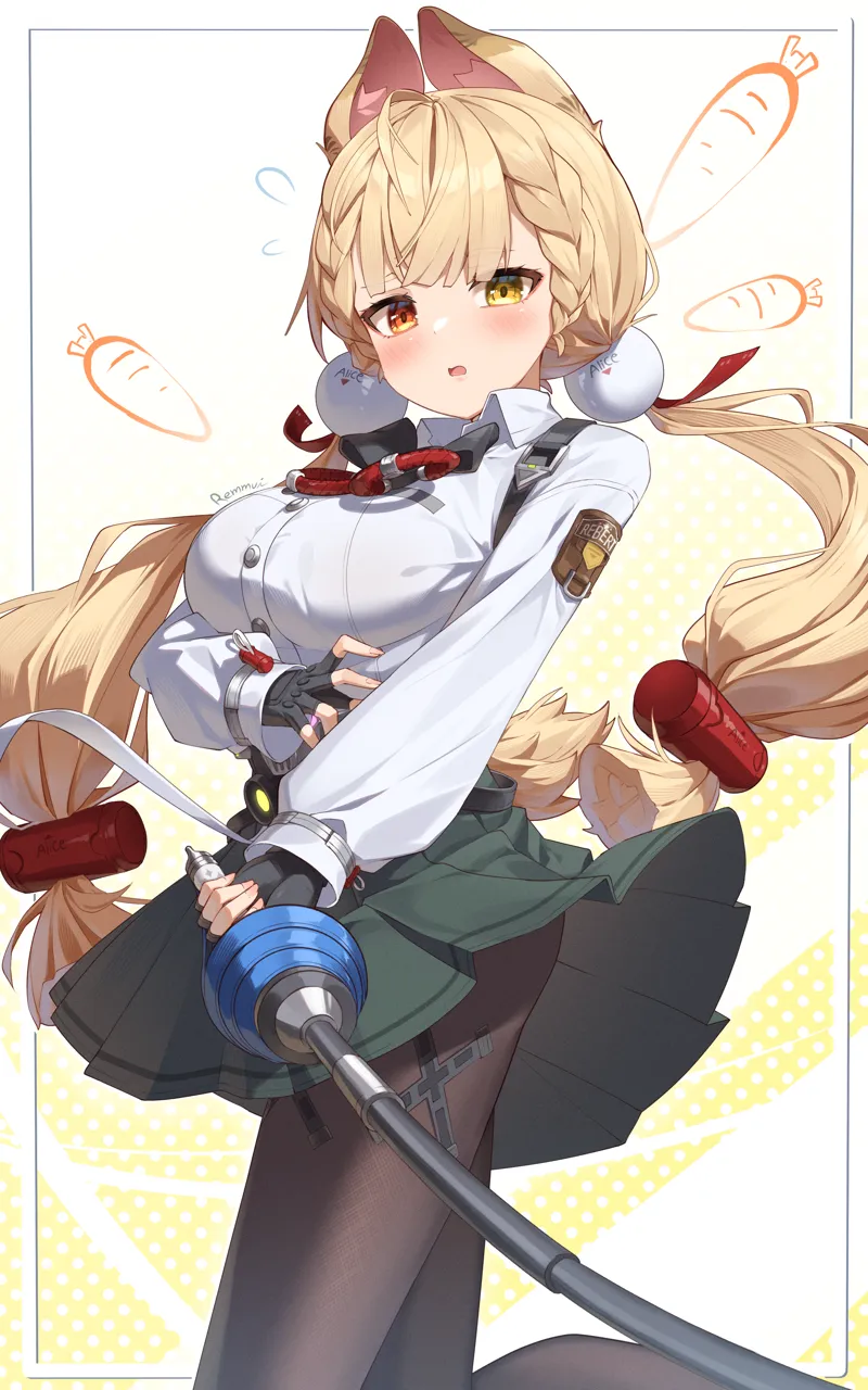 1girl animal_ear_fluff animal_ears arm_under_breasts artist_name black_pantyhose blonde_hair blush breasts fingerless_gloves flying_sweatdrops foil__fencing gloves heterochromia holding holding_sword holding_weapon long_hair looking_at_viewer low_twintails medium_breasts orange_eyes pantyhose pleated_skirt signature skirt solo sword twintails weapon yellow_eyes maeru zenless_zone_zero alice_thymefield
