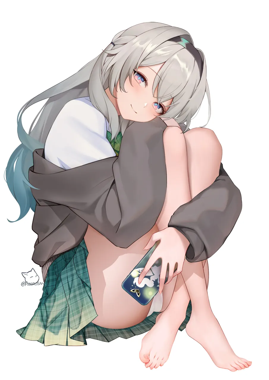1girl alternate_costume barefoot black_hairband blue_pupils bow bowtie closed_mouth feet gradient_hair green_skirt grey_hair grey_jacket hairband head_rest holding holding_phone hugging_own_legs jacket knees_to_chest knees_up long_hair looking_at_viewer multicolored_eyes multicolored_hair panties phone pink_eyes plaid_bow plaid_bowtie plaid_clothes plaid_skirt purple_eyes school_uniform shirt sitting skirt smile solo twitter_username two_tone_eyes underwear white_background white_panties white_shirt zero_pi honkai__star_rail honkai__series firefly__honkai__star_rail