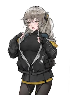 1girl black_gloves black_jacket black_pantyhose black_skirt black_undershirt blush breasts collarbone fingerless_gloves gloves grey_hair hair_between_eyes hot jacket long_hair long_sleeves looking_at_viewer medium_breasts one_side_up open_clothes open_jacket open_mouth pantyhose pleated_skirt shirt sidelocks simple_background skirt solo sweat tongue tongue_out turtleneck turtleneck_shirt white_background gdhs girls__frontline ump45__girls__frontline