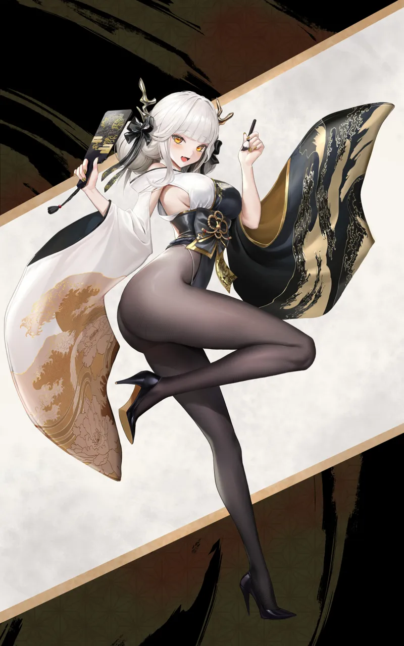 1girl ass black_kimono blanc__nikke blanc__white_rabbit__nikke blush bodystocking breasts fang full_body goddess_of_victory__nikke gold_nails hair_ornament hairpin hanetsuki high_heels highleg holding holding_paintbrush holding_racket ink japanese_clothes kimono leg_up legs medium_breasts open_mouth paintbrush racket skin_fang smile white_hair yellow_eyes yuen