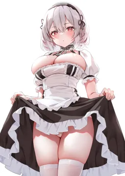1girl azur_lane blush breasts choker classic__zildjian33 cleavage dress frills hair_between_eyes hairband large_breasts lifting_own_clothes looking_at_viewer maid panties red_eyes short_hair short_sleeves simple_background sirius__azur_lane solo thighhighs thighs underwear white_hair