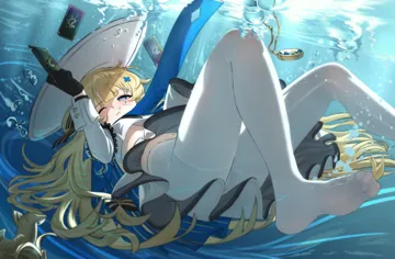 1girl air_bubble black_bow black_collar black_gloves blonde_hair blue_eyes blue_sash bow bubble card collar feet floating_hair foot_out_of_frame gloves hair_ornament hair_spread_out hat holding holding_card jewelry legs long_hair no_shoes one_eye_closed pantyhose pendant sash skirt soles striped_bow toes underwater very_long_hair white_hat white_pantyhose white_skirt x_hair_ornament haoma wuthering_waves phoebe__wuthering_waves