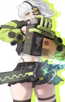 1girl ass belt black_belt black_gloves black_pants black_skirt brown_eyes cowboy_shot fingerless_gloves from_behind gloves hair_between_eyes headphones looking_at_viewer looking_back miniskirt pants serious short_hair sidelocks simple_background skirt solo standing weapon white_background white_hair crunchy__namtaehyeon1234 zenless_zone_zero anby_demara__zenless_zone_zero