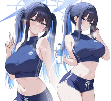 1girl alternate_costume alternate_hairstyle bare_arms bare_shoulders black_hair blue_eyes blue_hair blue_halo blue_shirt blue_shorts blush bottle breasts closed_mouth colored_inner_hair crop_top dolphin_shorts halo holding holding_bottle long_hair looking_at_viewer midriff multicolored_hair multiple_views navel ponytail shirt short_shorts shorts simple_background sleeveless sleeveless_shirt smile steaming_body stomach sweat twintails v_sign water_bottle white_background espada_gcon blue_archive saori__blue_archive