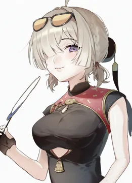 1girl ahoge artist_name black_dress black_gloves blonde_hair blush breasts clothing_cutout cutout_above_navel dress eyewear_on_head fingerless_gloves gloves grey_background hair_intakes hair_over_one_eye hand_fan headgear holding holding_fan large_breasts looking_at_viewer parted_lips purple_eyes short_hair simple_background smile solo sunglasses tinted_eyewear tuanshan upper_body yellow_tinted_eyewear fuli__narumiyafuri zenless_zone_zero sweety__zenless_zone_zero