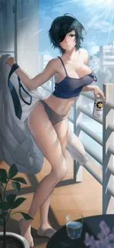 1girl alcohol armpits balcony bare_arms bare_legs bare_shoulders barefoot beer beer_can black_eyes blue_camisole blue_sky breasts building camisole can chainsaw_man cigarette cityscape cleavage cloud crop_top cup day drink drink_can drinking_glass eyepatch feet green_hair grey_panties himeno__chainsaw_man holding holding_can holding_cigarette holding_drink holding_unworn_clothes indoors legs looking_at_viewer mhk__mechamania midriff navel necktie panties parted_lips plant potted_plant railing shirt short_hair sidelocks sky smoke smoking solo spaghetti_strap standing stomach strap_slip sunlight table toenails toes underwear underwear_only unworn_necktie unworn_shirt white_shirt wooden_floor