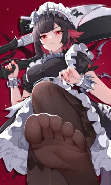 1girl bare_arms belt black_dress black_hair breasts brown_pantyhose chest_harness closed_mouth clothes_lift collar colored_inner_hair dress dress_lift earclip ellen_joe feet fingernails fins fish_tail foot_focus foot_up foreshortening framed_breasts frilled_cuffs frilled_dress frills furrowed_brow hairband harness holding holding_weapon large_breasts lifting_own_clothes light_blush looking_at_viewer maid maid_headdress metal_collar metal_hairband mole mole_on_arm mole_under_eye multicolored_hair nail_polish no_shoes over_shoulder pantyhose parted_bangs presenting_foot puffy_short_sleeves puffy_sleeves red_eyes red_hair red_nails see_through_clothes see_through_legwear shark_tail short_hair short_sleeves soles solo stepped_on tail toes two_tone_hair weapon weapon_over_shoulder wrist_cuffs zenless_zone_zero zhutou_333