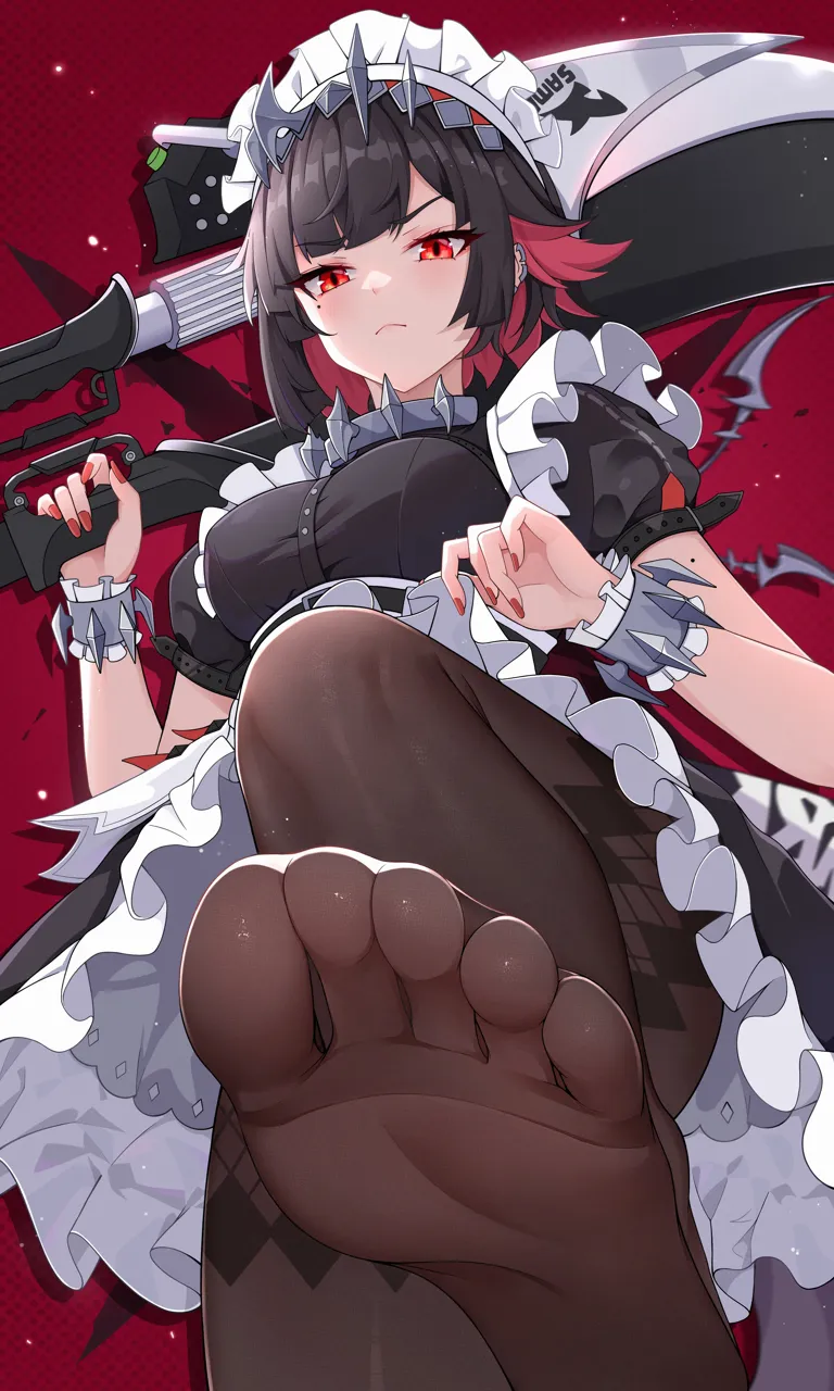 1girl bare_arms belt black_dress black_hair breasts brown_pantyhose chest_harness closed_mouth clothes_lift collar colored_inner_hair dress dress_lift earclip ellen_joe feet fingernails fins fish_tail foot_focus foot_up foreshortening framed_breasts frilled_cuffs frilled_dress frills furrowed_brow hairband harness holding holding_weapon large_breasts lifting_own_clothes light_blush looking_at_viewer maid maid_headdress metal_collar metal_hairband mole mole_on_arm mole_under_eye multicolored_hair nail_polish no_shoes over_shoulder pantyhose parted_bangs presenting_foot puffy_short_sleeves puffy_sleeves red_eyes red_hair red_nails see_through_clothes see_through_legwear shark_tail short_hair short_sleeves soles solo stepped_on tail toes two_tone_hair weapon weapon_over_shoulder wrist_cuffs zenless_zone_zero zhutou_333