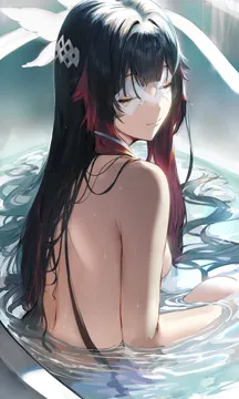 1girl bath bathing bathtub black_hair blunt_bangs breasts closed_eyes closed_mouth eye_mask from_side hair_ornament hair_spread_out head_wings long_hair multicolored_hair nude onsen partially_submerged red_hair slipper_bathtub small_breasts solo streaked_hair two_tone_hair upper_body very_long_hair water wet wings hews genshin_impact columbina__genshin_impact