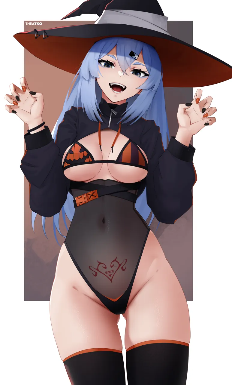 1girl ass_visible_through_thighs bare_hips bikini bikini_top_only black_thighhighs blue_hair breasts claw_pose cowboy_shot green_eyes hair_between_eyes halloween halloween_costume hat highleg highleg_leotard jack_o__lantern_print leotard long_hair long_sleeves looking_at_viewer medium_breasts multicolored_nails nail_polish narrow_waist navel open_mouth outside_border see_through_clothes simple_background smile solo straight_on swimsuit thighhighs wide_hips witch_hat the_atko saki__the_atko