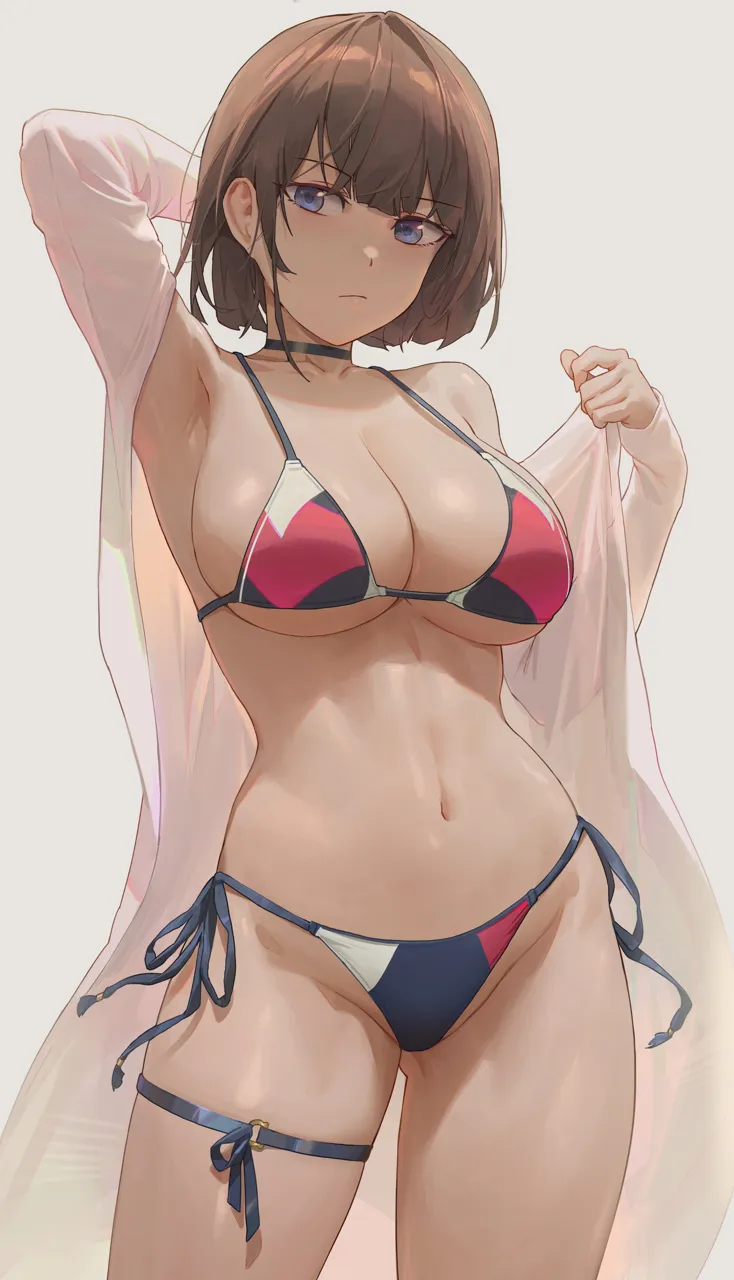 1girl arm_up armpits bare_shoulders bikini black_choker blue_eyes breasts brown_hair choker cleavage closed_mouth collarbone cowboy_shot free_style__yohan1754 grey_background large_breasts long_sleeves looking_at_viewer multicolored_bikini navel open_clothes open_shirt shirt short_hair side_tie_bikini_bottom sideboob simple_background solo standing stomach swimsuit thigh_strap thighs toned toned_female underboob white_shirt
