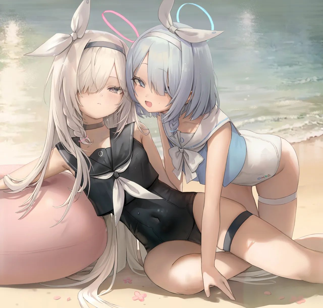 2girls arona__blue_archive beach bikini black_choker black_eyes black_hairband black_sailor_collar blue_archive blue_eyes blue_hair blush bow bowtie braid choker freng hair_over_one_eye hair_spread_out hairband halo long_hair looking_at_viewer multiple_girls neckerchief ocean open_mouth outdoors plana__blue_archive sailor_collar shore short_hair single_braid strapless strapless_bikini swimsuit thigh_gap thigh_strap thighs very_long_hair water wet white_hair white_hairband
