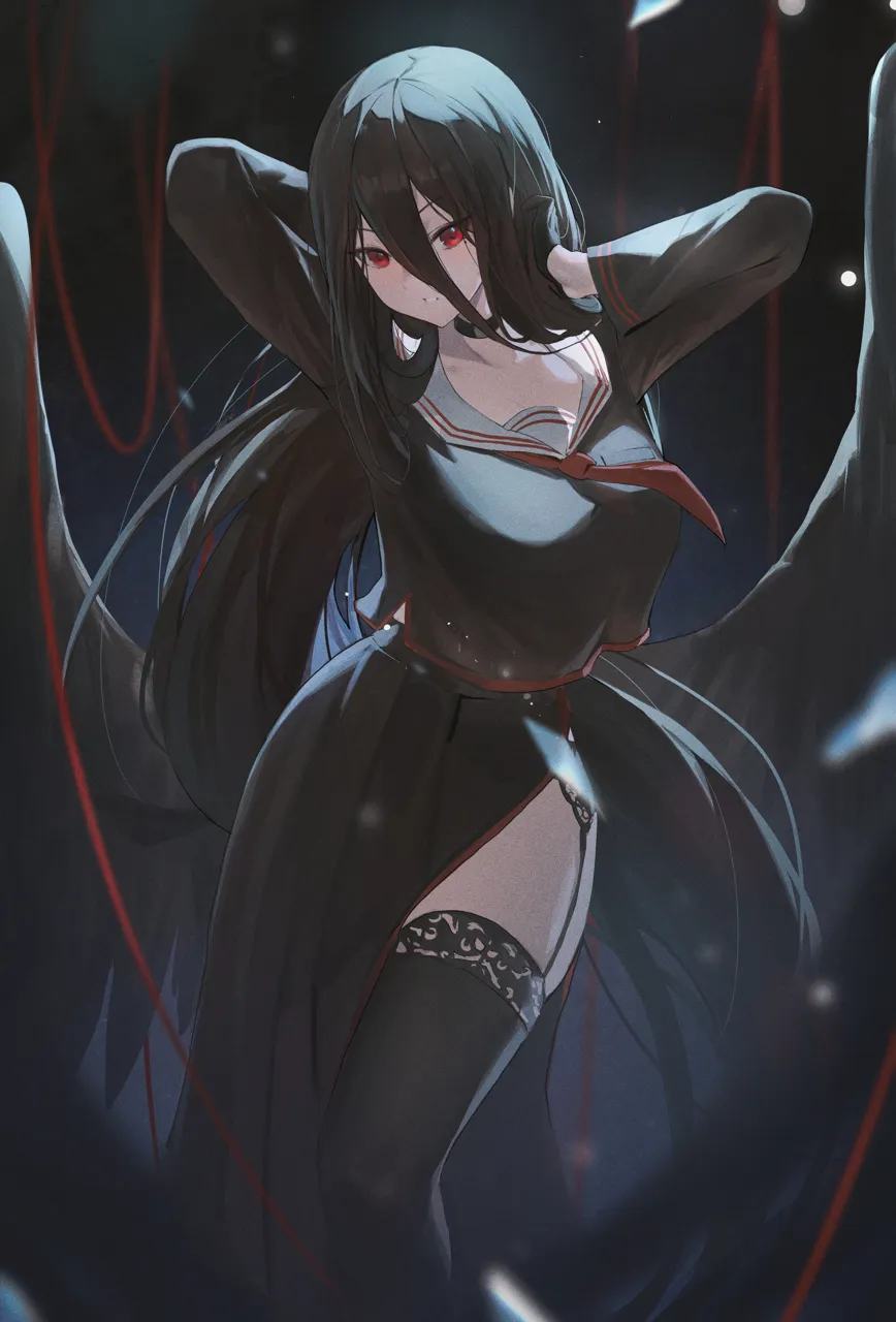 1girl arm_behind_head black_choker black_gloves black_hair black_serafuku black_shirt black_thighhighs black_wings breasts choker falling_feathers feathered_wings feathers feet_out_of_frame garter_straps gloves hair_between_eyes hand_in_own_hair large_breasts light_blush long_hair long_skirt long_sleeves looking_at_viewer low_wings mole mole_under_eye neckerchief no_halo oversized_wings parted_lips pleated_skirt red_eyes red_neckerchief sailor_collar school_uniform serafuku shirt side_slit skirt solo standing teeth thighhighs very_long_hair white_sailor_collar wings jiang_zhuti_jiojio blue_archive hasumi__blue_archive