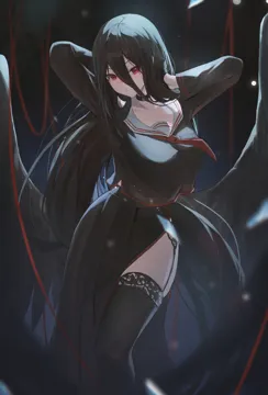 1girl arm_behind_head black_choker black_gloves black_hair black_serafuku black_shirt black_thighhighs black_wings breasts choker falling_feathers feathered_wings feathers feet_out_of_frame garter_straps gloves hair_between_eyes hand_in_own_hair large_breasts light_blush long_hair long_skirt long_sleeves looking_at_viewer low_wings mole mole_under_eye neckerchief no_halo oversized_wings parted_lips pleated_skirt red_eyes red_neckerchief sailor_collar school_uniform serafuku shirt side_slit skirt solo standing teeth thighhighs very_long_hair white_sailor_collar wings jiang_zhuti_jiojio blue_archive hasumi__blue_archive