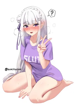 1girl barefoot blush braid breasts collarbone drunk hair_ribbon long_hair looking_at_viewer medium_breasts open_mouth pointy_ears purple_eyes purple_ribbon ribbon shirt short_sleeves sitting solo spoken_question_mark squeans t_shirt wariza white_hair kukiyuusha re_zero emilia__re_zero