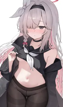 1girl black_choker black_coat black_eyes black_hairband black_pantyhose black_sailor_collar black_shirt blush bow braid breasts choker closed_mouth clothes_lift coat cowboy_shot hair_bow hair_intakes hair_over_one_eye hairband lifting_own_clothes long_hair navel neckerchief no_bra no_pants nose_blush one_eye_covered open_clothes open_coat panties panties_under_pantyhose pantyhose presenting sailor_collar shirt shirt_lift simple_background single_bare_shoulder single_braid single_off_shoulder small_breasts solo stomach sweatdrop thigh_gap thighband_pantyhose underboob underwear very_long_hair white_background white_bow white_hair white_neckerchief koba__kobako42 blue_archive plana__blue_archive
