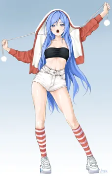 1girl blue_background blue_eyes blue_hair breasts collarbone gradient gradient_background jacket kneehighs long_hair looking_at_viewer midriff navel open_clothes open_mouth red_jacket shoes short_shorts shorts sneakers solo standing striped striped_legwear very_long_hair white_footwear chaesu minah