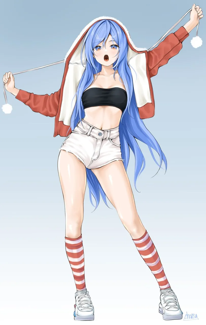 1girl blue_background blue_eyes blue_hair breasts collarbone gradient gradient_background jacket kneehighs long_hair looking_at_viewer midriff navel open_clothes open_mouth red_jacket shoes short_shorts shorts sneakers solo standing striped striped_legwear very_long_hair white_footwear chaesu minah