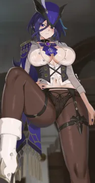 1girl ascot black_panties blue_capelet blue_hat blush boots breasts brown_pantyhose capelet cleavage clorinde__genshin_impact corset earrings epaulettes garter_belt genshin_impact hair_ribbon hat jewelry knee_boots large_breasts legs long_hair long_sleeves looking_at_viewer low_ponytail navel nvl panties panties_under_pantyhose pantyhose ponytail purple_eyes purple_hair ribbon solo thigh_strap thighs tricorne underwear vision__genshin_impact