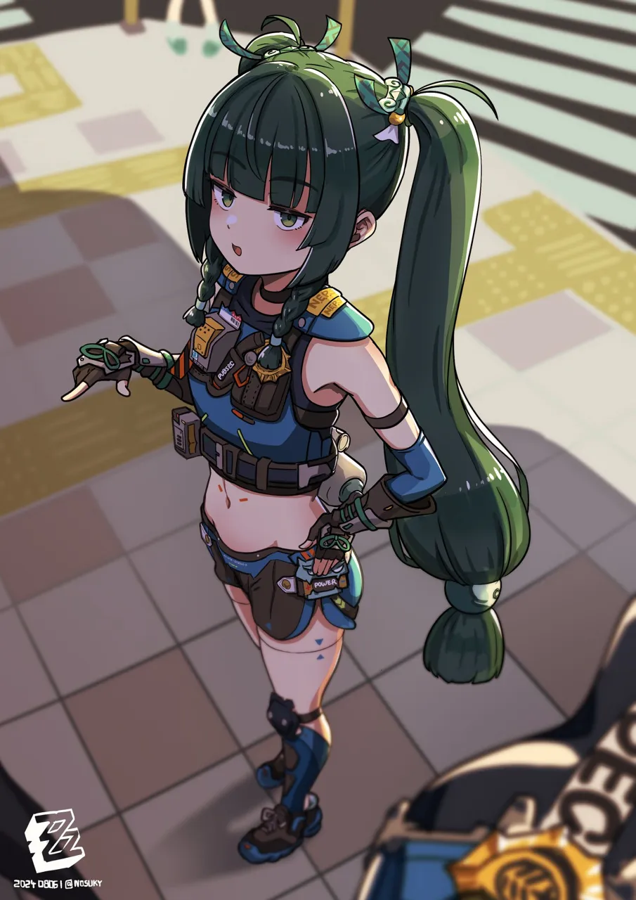 2girls android artist_name black_gloves black_shorts blue_gloves blunt_bangs blush braid breasts copyright_name crop_top dated elbow_gloves fingerless_gloves from_above full_body gloves green_eyes green_hair hair_ribbon hand_on_own_hip long_hair looking_at_viewer midriff multiple_girls navel open_mouth outdoors pointing pointing_forward police police_uniform policewoman pov ribbon short_shorts shorts side_braids small_breasts solo_focus standing twintails twitter_username nosuku zenless_zone_zero qingyi__zenless_zone_zero zhu_yuan__zenless_zone_zero