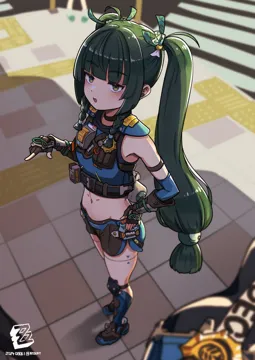 2girls android artist_name black_gloves black_shorts blue_gloves blunt_bangs blush braid breasts copyright_name crop_top dated elbow_gloves fingerless_gloves from_above full_body gloves green_eyes green_hair hair_ribbon hand_on_own_hip long_hair looking_at_viewer midriff multiple_girls navel open_mouth outdoors pointing pointing_forward police police_uniform policewoman pov ribbon short_shorts shorts side_braids small_breasts solo_focus standing twintails twitter_username nosuku zenless_zone_zero qingyi__zenless_zone_zero zhu_yuan__zenless_zone_zero