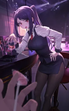 1girl 1other alcohol bar_stool black_pantyhose blue_skirt blue_vest blurry blurry_background blurry_foreground breasts candy cup drinking_glass feet_out_of_frame food glaring hand_on_own_hip holding holding_candy holding_cup holding_food holding_lollipop indoors large_breasts legs lollipop long_hair necktie open_mouth pantyhose pencil_skirt ponytail purple_hair red_eyes red_necktie side_slit sidelocks skirt solo_focus stool vest wine xzu va_11_hall_a jill_stingray__va_11_hall_a