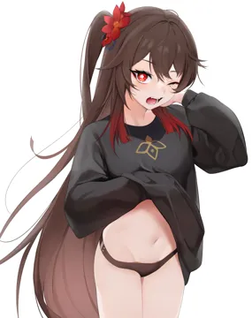 _o 1girl alternate_hairstyle black_panties black_sweater brown_hair clothes_lift colored_tips cowboy_shot eyelashes fang flower flower_shaped_pupils genshin_impact gradient_hair hair_flower hair_ornament hu_tao__genshin_impact lifting_own_clothes long_hair looking_at_viewer multicolored_hair navel no_pants one_eye_closed open_mouth panties rable red_eyes red_flower red_hair side_ponytail simple_background solo stomach sweater sweater_lift symbol_shaped_pupils teeth thighs two_tone_hair underwear very_long_hair white_background yawning