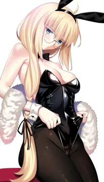 1girl bare_shoulders blonde_hair blue_eyes braid breasts cleavage glasses long_hair looking_at_viewer medium_breasts playboy_bunny round_eyewear side_ponytail solo longdq3008 fate_grand_order fate__series aesc__fate aesc__rain_witch__fate