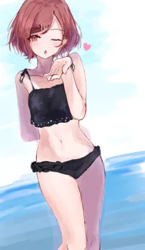 1girl arm_behind_back bikini black_bikini blowing_kiss collarbone heart heart_print looking_at_viewer mole mole_under_eye navel ocean one_eye_closed red_eyes red_hair short_hair solo swimsuit wavy_hair sanshoku_dango__shukosuko idolmaster idolmaster_shiny_colors higuchi_madoka__idolmaster