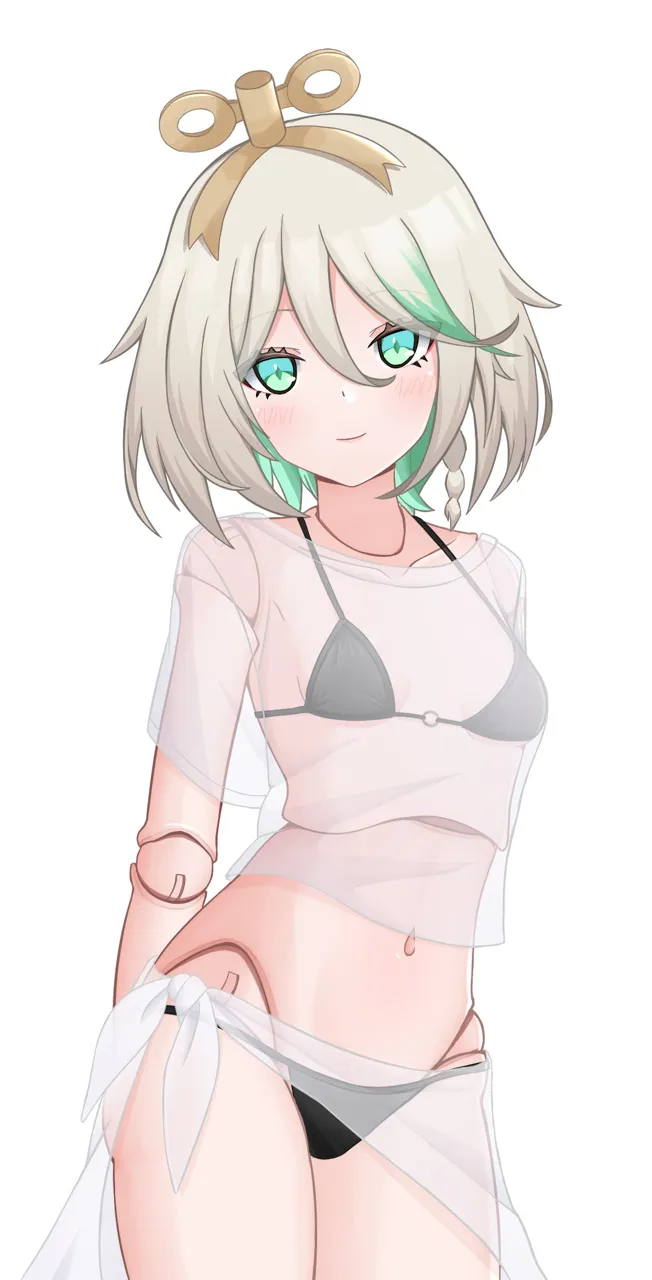 1girl arms_behind_back bikini black_bikini blush braid breasts closed_mouth collarbone cowboy_shot doll_joints eyebrows_hidden_by_hair green_eyes green_hair grey_hair joints looking_at_viewer multicolored_hair navel o_ring o_ring_bikini sarong see_through_clothes see_through_sarong see_through_shirt shirt side_braid simple_background small_breasts smile solo standing streaked_hair swimsuit two_tone_hair virtual_youtuber white_background winding_key dsuzu hololive cecilia_immergreen__hololive