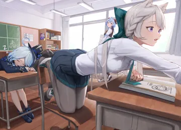 3girls ahoge alternate_costume aton__user_kufr5245 bent_over black_headwear black_jacket black_skirt black_vest blue_hair book bow braid breasts brown_pantyhose chair classroom contemporary desk furina__genshin_impact ganyu__genshin_impact genshin_impact goat_horns green_necktie grey_hair hair_bow hat holding holding_paper horns indoors jacket kneeling legs light_blue_hair long_hair long_sleeves lynette__genshin_impact multicolored_hair multiple_girls necktie on_chair open_book open_mouth pantyhose paper paper_stack purple_eyes reaching school_chair school_desk shirt skirt sleeping small_breasts top_hat vest white_shirt zzz