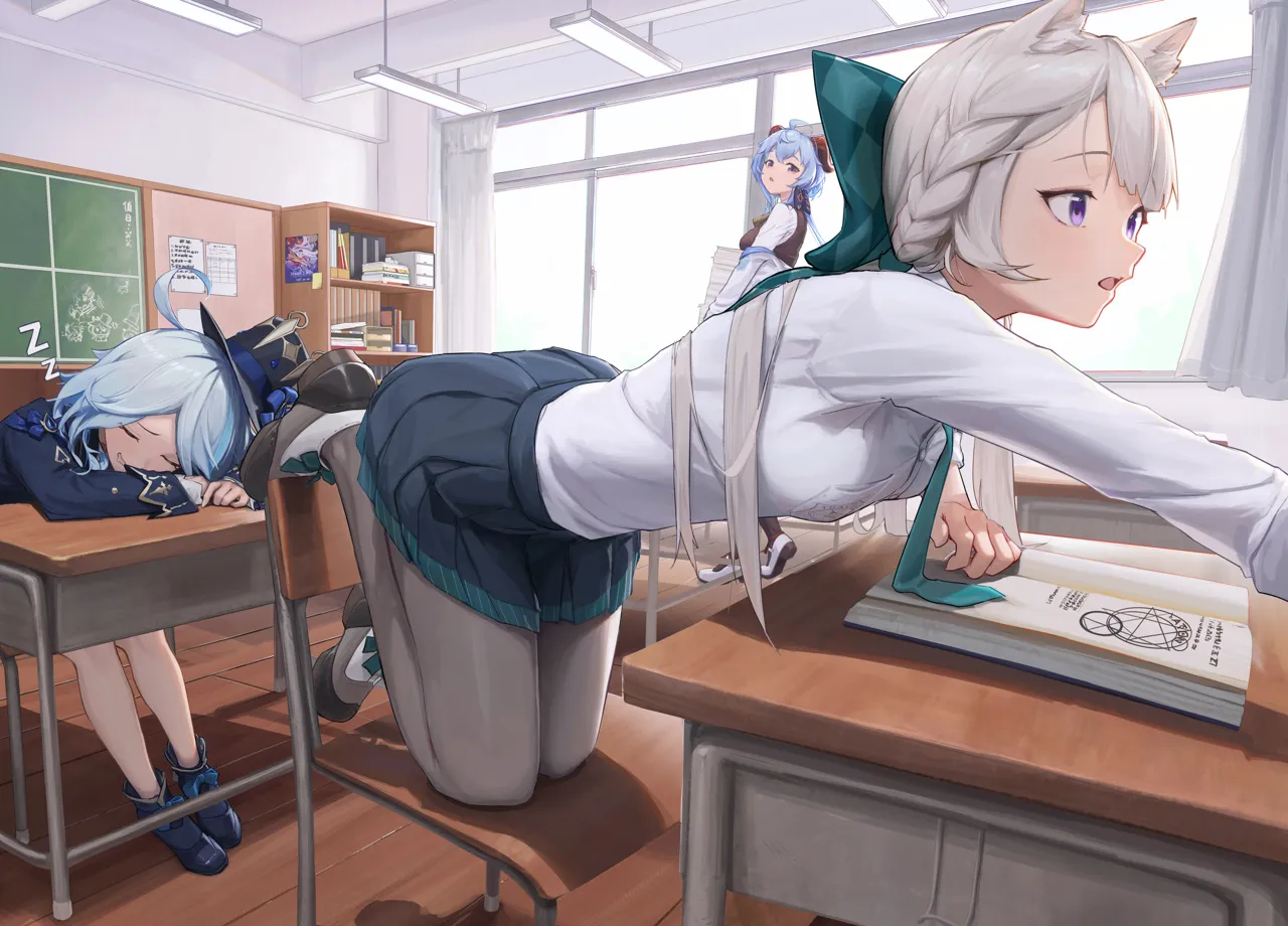 3girls ahoge alternate_costume aton__user_kufr5245 bent_over black_headwear black_jacket black_skirt black_vest blue_hair book bow braid breasts brown_pantyhose chair classroom contemporary desk furina__genshin_impact ganyu__genshin_impact genshin_impact goat_horns green_necktie grey_hair hair_bow hat holding holding_paper horns indoors jacket kneeling legs light_blue_hair long_hair long_sleeves lynette__genshin_impact multicolored_hair multiple_girls necktie on_chair open_book open_mouth pantyhose paper paper_stack purple_eyes reaching school_chair school_desk shirt skirt sleeping small_breasts top_hat vest white_shirt zzz