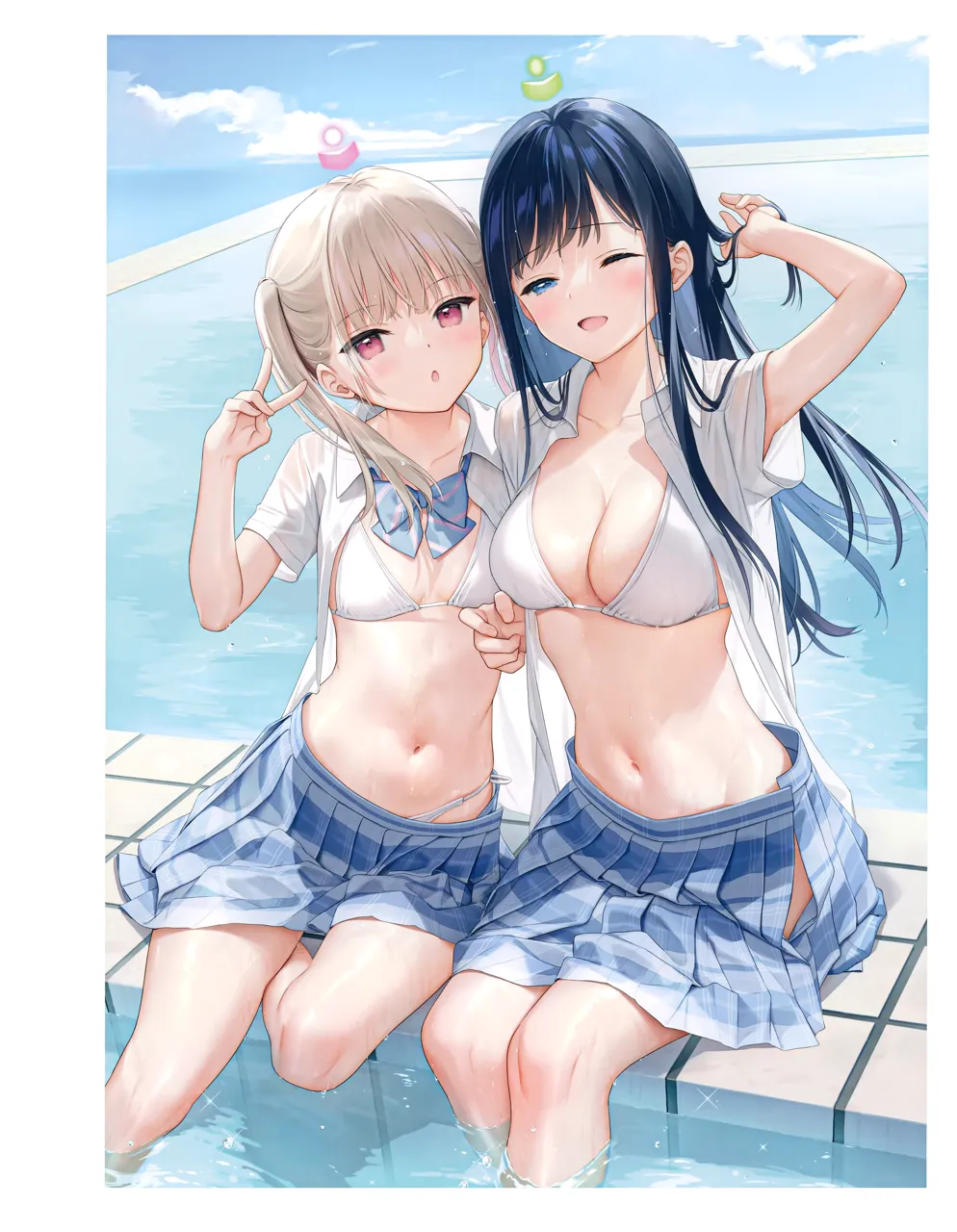 2girls bikini bikini_under_clothes blue_eyes blue_hair blush bow breasts cleavage cloud cloudy_sky collarbone day eshi_100_nin_ten grey_hair long_hair looking_at_viewer medium_breasts multiple_girls navel one_eye_closed open_clothes open_shirt outdoors pool poolside red_eyes skirt sky smile stomach swimsuit thighs twintails water mignon