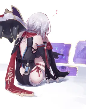 1girl back_cutout bare_shoulders black_boots black_gloves boots clothing_cutout from_behind gloves grey_hair high_heel_boots high_heels hip_vent musical_note simple_background sitting solo white_background sanshoku_dango__shukosuko honkai__star_rail honkai__series numby__honkai__star_rail topaz__honkai__star_rail trotter__honkai__star_rail