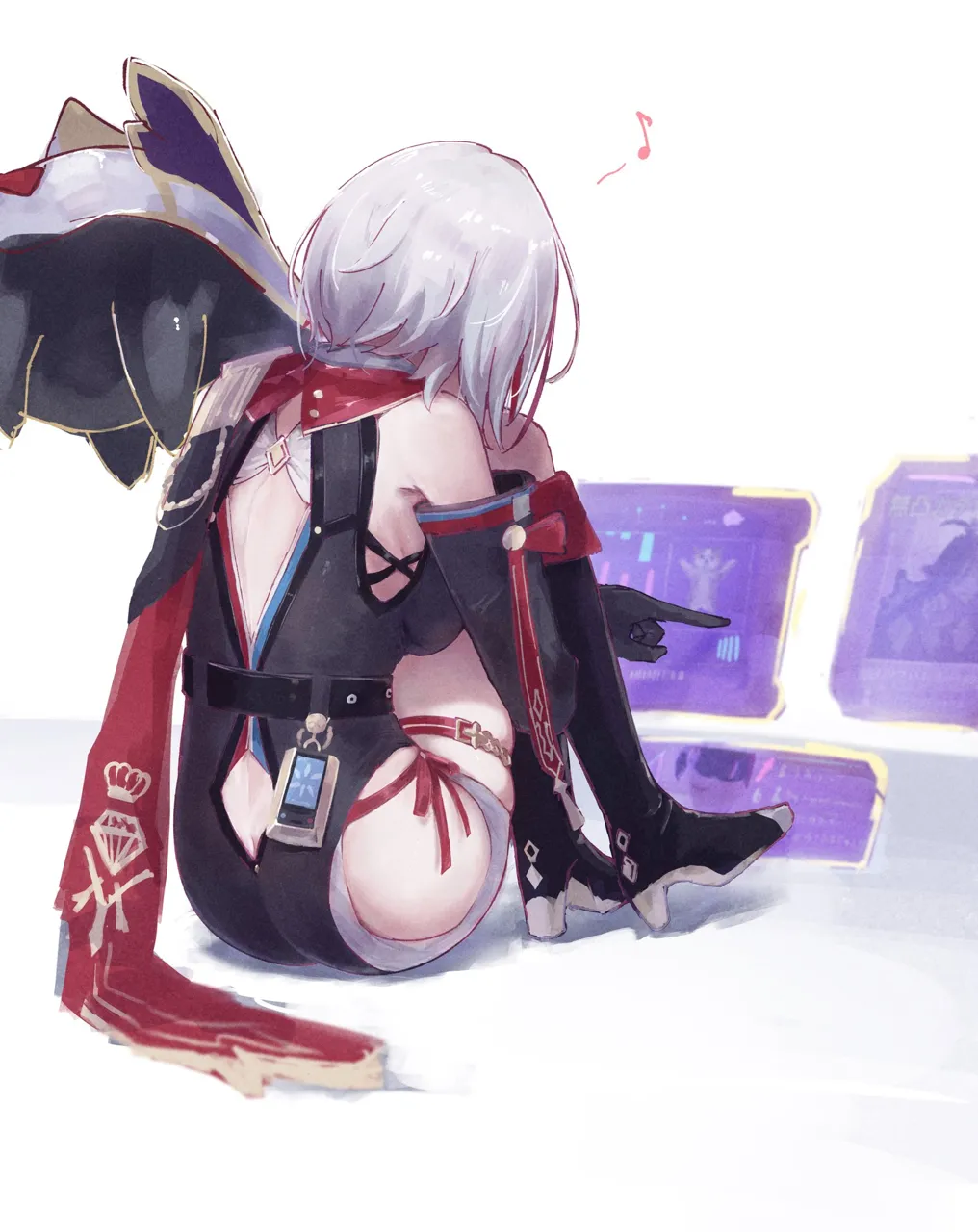 1girl back_cutout bare_shoulders black_boots black_gloves boots clothing_cutout from_behind gloves grey_hair high_heel_boots high_heels hip_vent musical_note simple_background sitting solo white_background sanshoku_dango__shukosuko honkai__star_rail honkai__series numby__honkai__star_rail topaz__honkai__star_rail trotter__honkai__star_rail