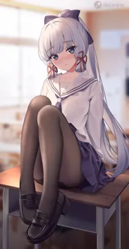 1girl aged_down alternate_costume arm_support artist_logo artist_name black_pantyhose black_shoes blue_eyes blunt_tresses blurry blurry_background blush bow classroom convenient_leg dot_nose fine_fabric_emphasis flower_knot full_body genshin_impact hair_bow hair_ribbon icwine indoors kamisato_ayaka kamisato_ayaka__heytea knees_up loafers logo long_hair long_sleeves looking_at_viewer neckerchief nose_blush on_table pantyhose parted_lips pleated_skirt ponytail purple_neckerchief purple_skirt red_ribbon ribbon sailor_collar school_uniform serafuku shirt shoes sidelocks sitting skirt solo table thighs tress_ribbon white_hair white_sailor_collar white_shirt