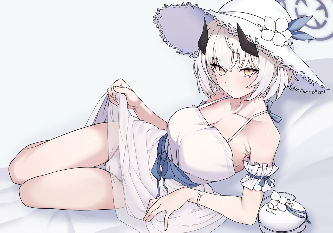 1girl arm_garter black_halo blush breasts cleavage closed_mouth clothes_lift collarbone dress dress_lift grey_background halo hat lifting_own_clothes looking_at_viewer medium_breasts official_alternate_costume panties short_hair simple_background solo thighs underwear watch white_dress white_hat white_panties yellow_eyes 0haribo0 blue_archive sena__blue_archive sena__casual__blue_archive