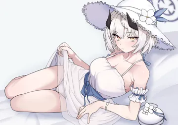 1girl arm_garter black_halo blush breasts cleavage closed_mouth clothes_lift collarbone dress dress_lift grey_background halo hat lifting_own_clothes looking_at_viewer medium_breasts official_alternate_costume panties short_hair simple_background solo thighs underwear watch white_dress white_hat white_panties yellow_eyes 0haribo0 blue_archive sena__blue_archive sena__casual__blue_archive