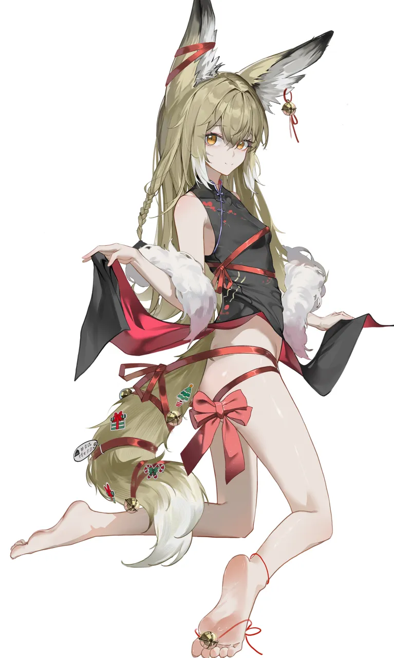1girl animal_ear_fluff animal_ears ass bare_legs barefoot black_dress blonde_hair breasts china_dress chinese_clothes dress ear_bell feet fox_ears fox_girl fox_tail leg_ribbon looking_at_viewer no_panties red_ribbon ribbon simple_background small_breasts smile soles solo tail toes white_background wrapped_up yellow_eyes huade_xiami arknights vulpisfoglia__arknights