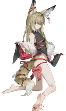 1girl animal_ear_fluff animal_ears ass bare_legs barefoot black_dress blonde_hair breasts china_dress chinese_clothes dress ear_bell feet fox_ears fox_girl fox_tail leg_ribbon looking_at_viewer no_panties red_ribbon ribbon simple_background small_breasts smile soles solo tail toes white_background wrapped_up yellow_eyes huade_xiami arknights vulpisfoglia__arknights