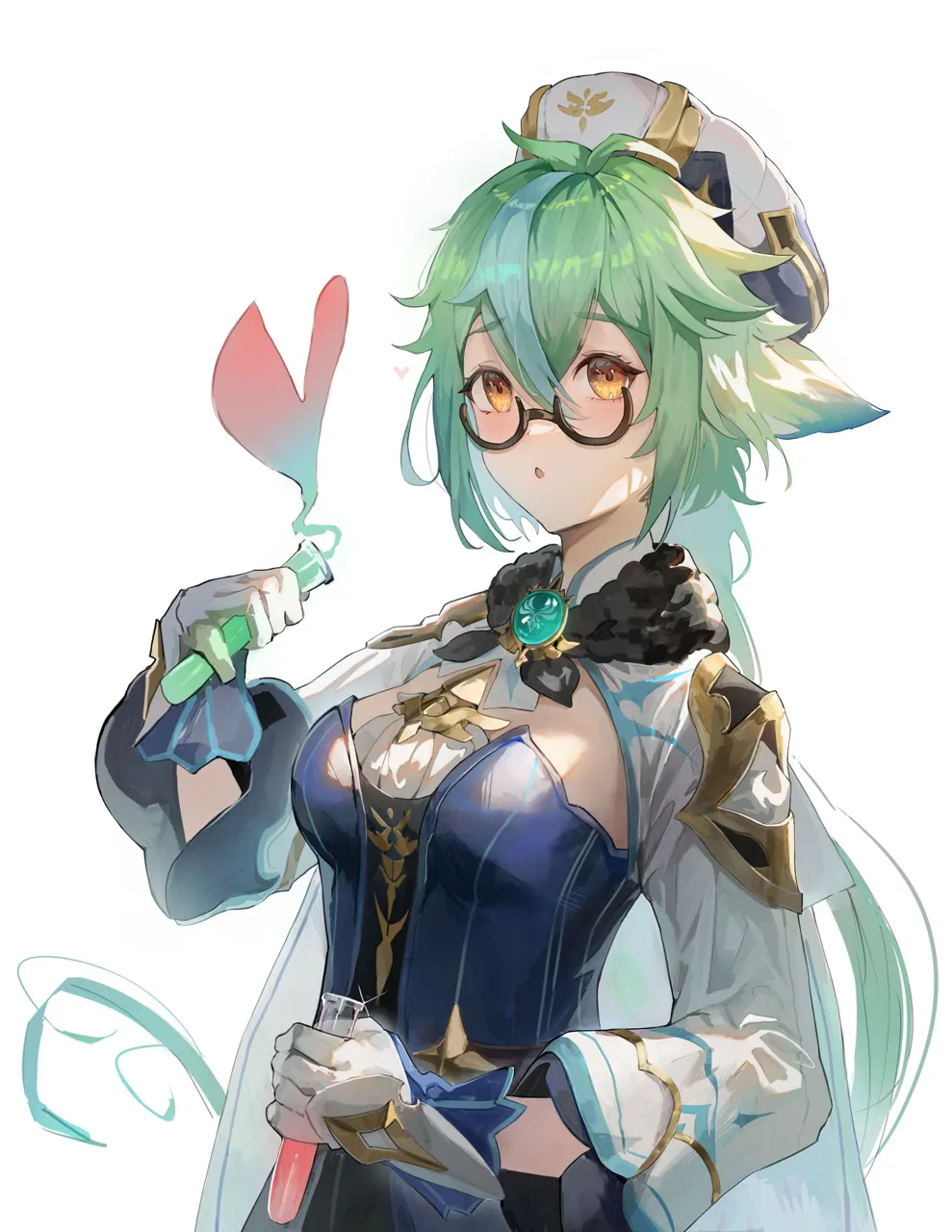 1girl anemo_symbol__genshin_impact blue_shirt breasts brown_framed_eyewear chemicals glasses gloves gold_trim green_hair hair_between_eyes hair_ears hat heart holding holding_test_tube light_blush long_hair looking_at_viewer medium_breasts multicolored_clothes open_mouth semi_rimless_eyewear shirt solo test_tube white_background white_gloves white_hat white_sleeves yellow_eyes yonesdraws genshin_impact sucrose__genshin_impact
