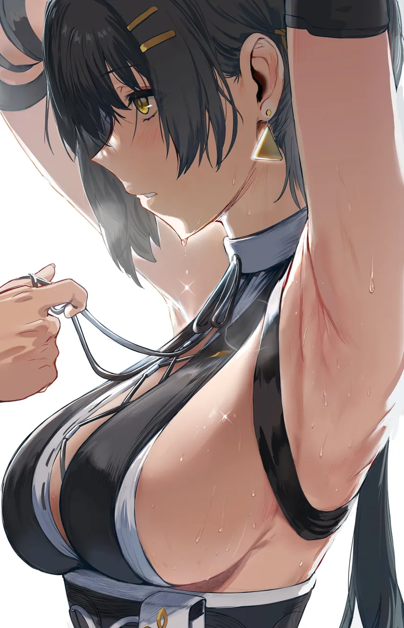 1girl 1other armpits arms_up backlighting black_hair breasts cross_laced_clothes cross_laced_top dripping earrings female_rover__wuthering_waves from_side hews jewelry parted_lips presenting_armpit profile rover__wuthering_waves sideboob sidelighting simple_background solo_focus sparkling_sweat sweat sweaty_armpits triangle_earrings upper_body white_background wuthering_waves yellow_eyes